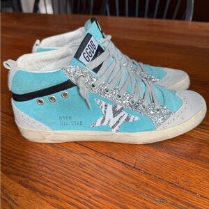 Golden Goose Midstar Sneakers in Turquoise and Gray with Silver Accents